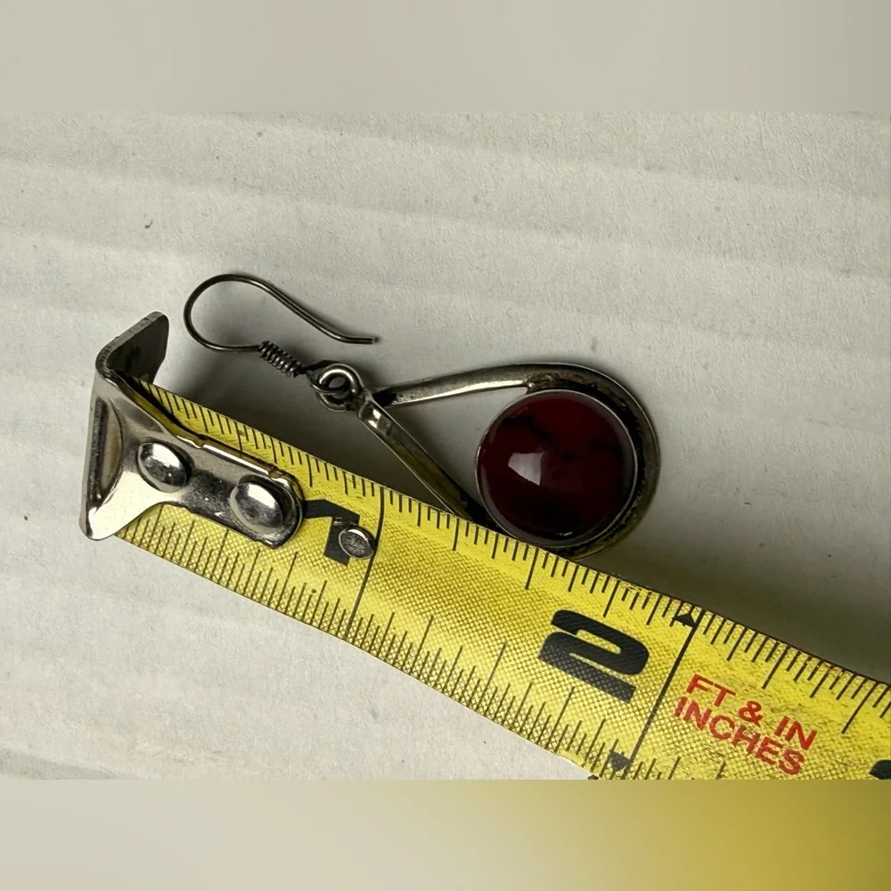 Vintage Sterling Silver 925‎ Red Cabochon Gemstone Dangle Earrings Blood Jasper